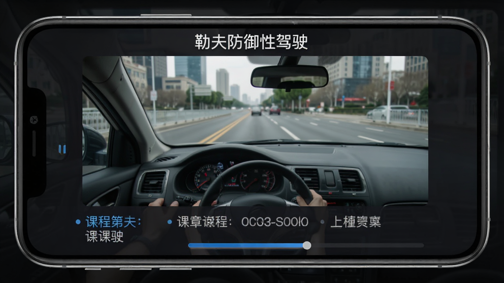 勒夫防御性驾驶视频课程学习界面,手机横屏显示教学视频播放窗口,视频画面为城市道路驾驶视角,下方有课程章节列表与进度条,屏幕上方显示“勒夫防御性驾驶”字样,界面采用深色护眼模式,排版整洁,风格专业教学,画质高清