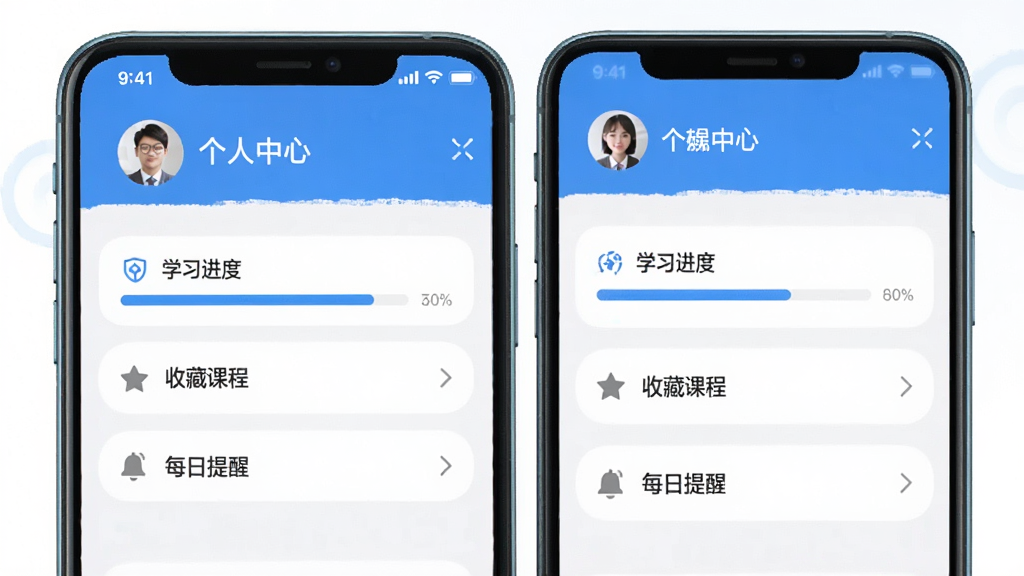 勒夫防御性驾驶学习进度同步页面,手机屏幕显示个人中心界面,包含“学习进度”“收藏课程”“每日提醒”等选项,顶部有用户头像与昵称,界面采用浅色简约风格,蓝色点缀,排版清晰,干净整洁,体现数据同步与提醒功能