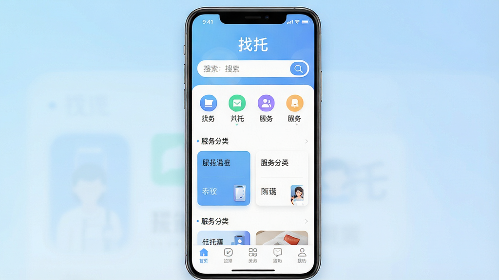 一张手机应用界面展示图,画面中央是找托软件的主页,顶部显示软件名称“找托”,下方排列着清晰的功能图标和分类标签,背景为浅蓝色渐变,风格简洁现代,细节包括搜索框、服务分类卡片和底部导航栏,画质清晰干净,无多余元素