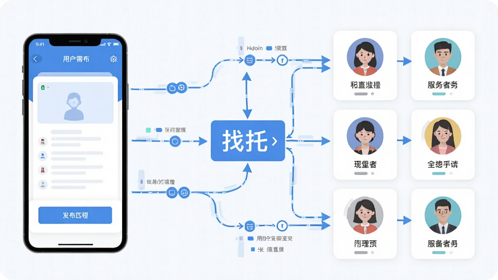 一张信息匹配流程示意图,画面左侧是用户发布需求的手机界面,右侧是多个服务提供者的头像卡片,中间用箭头和数据流连接表示智能匹配过程,画面中包含“找托”文字标识,风格扁平化科技感,细节有数据节点和连接线,画质清晰干净