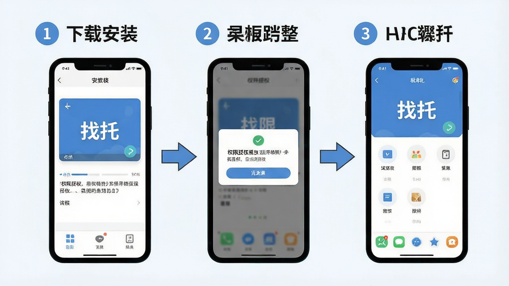 一张手机操作步骤示意图,画面展示从下载安装到打开使用的完整流程,包括安装界面、权限授权弹窗和软件主界面,画面中包含“找托”文字,风格为步骤教程类扁平插画,细节有箭头指引和步骤编号,画质清晰干净