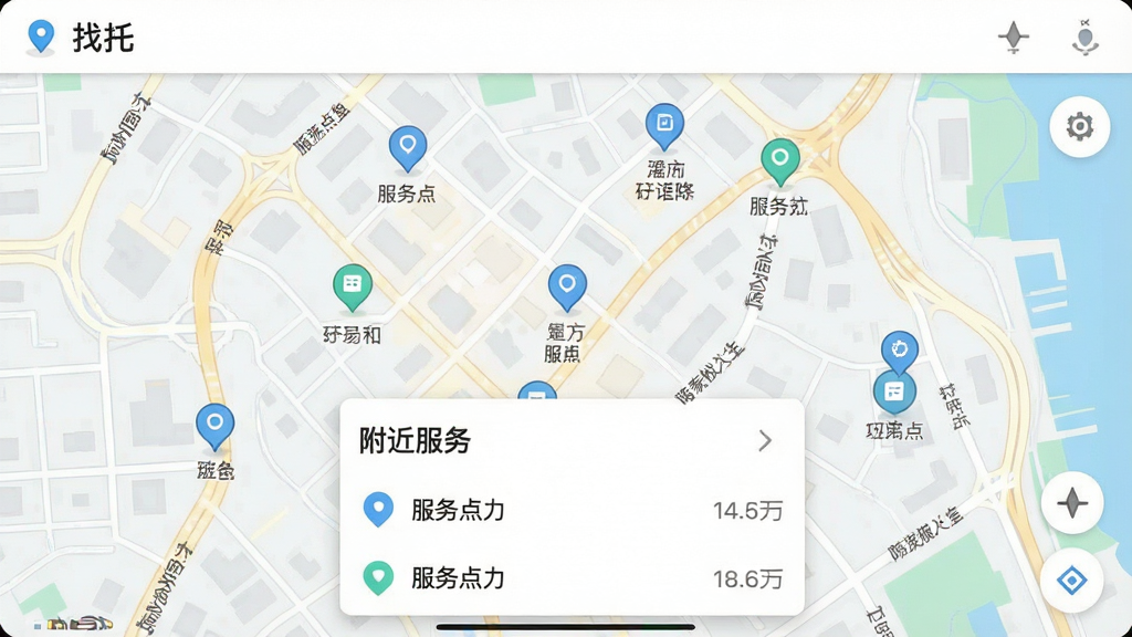 一张城市地图界面截图,地图上标注了多个服务点图标,画面下方弹出附近服务列表卡片,顶部有“找托”软件名称和定位标识,风格为清新浅色系,细节包括道路线条、位置标记和距离显示,画质清晰干净,无杂乱元素