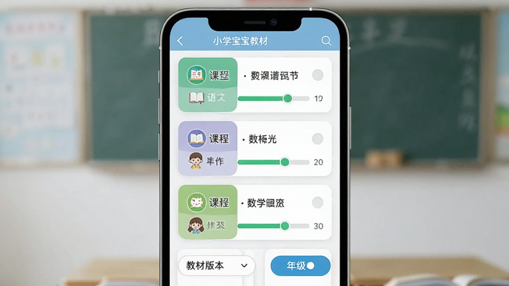 小学宝教材同步练习功能界面,手机屏幕中展示语文数学英语单元练习列表,主体为课程卡片与进度条,布局为纵向排列,排版简洁,风格清爽,细节包含教材版本选择与年级切换按钮,画质清晰,干净,无多余元素