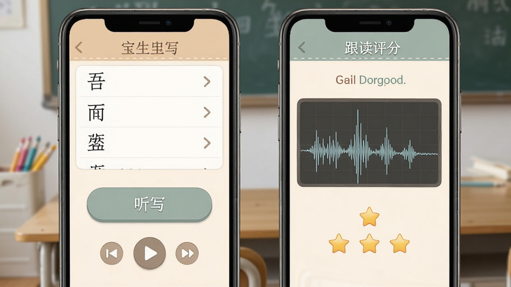 小学宝生字听写与英语跟读功能界面,手机屏幕中展示语文生字列表与英语跟读评分页面,主体为听写按钮与发音波形图,布局分上下区域,排版合理,风格温和,细节包含播放控制与评分星级,画质清晰,干净,无多余元素