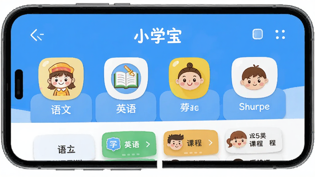 小学宝软件主界面展示,手机屏幕中显示小学宝应用首页,包含语文数学英语学科入口,布局清晰,排版整齐,风格清新活泼,细节包含卡通学习图标与课程卡片,画质清晰,干净,无多余元素