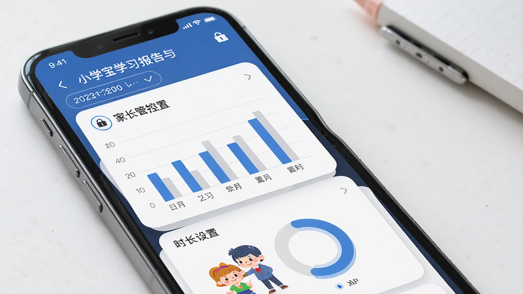 小学宝学习报告与家长管控界面,手机屏幕中展示学习统计图表与时长设置选项,主体为柱状图与环形图,布局为卡片式排列,排版规整,风格商务简洁,细节包含日期筛选与家长锁图标,画质清晰,干净,无多余元素