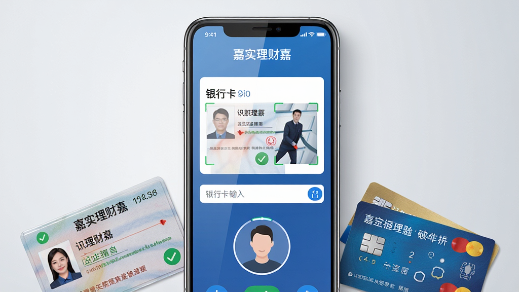 画面展示一部手机正在进行人脸识别开户操作,屏幕中显示“嘉实理财嘉”开户页面,包含身份证正反面拍摄框、银行卡输入框与人脸识别圆形取景框;手机旁放置一张身份证和一张银行卡作为辅助元素;布局为手机居中,证件分列左右下方;排版简洁,重点突出屏幕内容;风格为写实科技风,色调以蓝白为主,点缀少量绿色对勾标识;细节上屏幕反光自然,证件纹理清晰,背景为浅灰渐变;画质高清,干净利落,无多余元素。