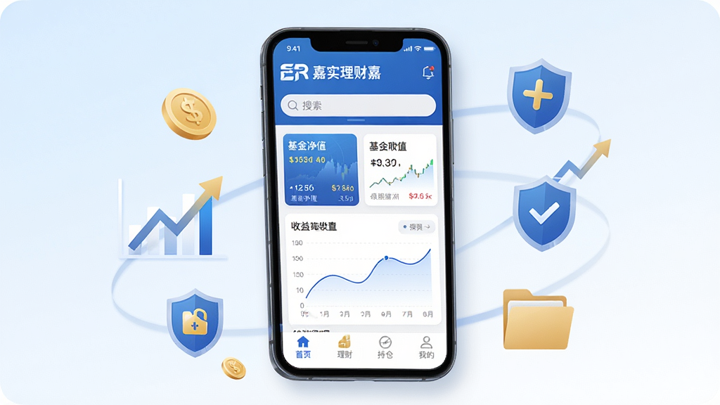 画面中央是一部竖屏智能手机,手机屏幕内展示“嘉实理财嘉”App首页界面,顶部为品牌标识与搜索框,中部为基金净值卡片与收益曲线图,底部为首页、理财、持仓、我的四个导航按钮;手机周围环绕金币、折线图、盾牌安全图标、文件夹等金融元素;布局采用中心构图,手机略微倾斜放置,背景为浅蓝到白色的柔和渐变;排版干净整齐,元素间距均匀;风格为现代扁平化科技金融风,色彩以蓝色、白色、金色为主;细节上屏幕内文字清晰可辨,图标边缘锐利,投影自然;画质为高清2K,干净清爽,无多余杂乱元素。