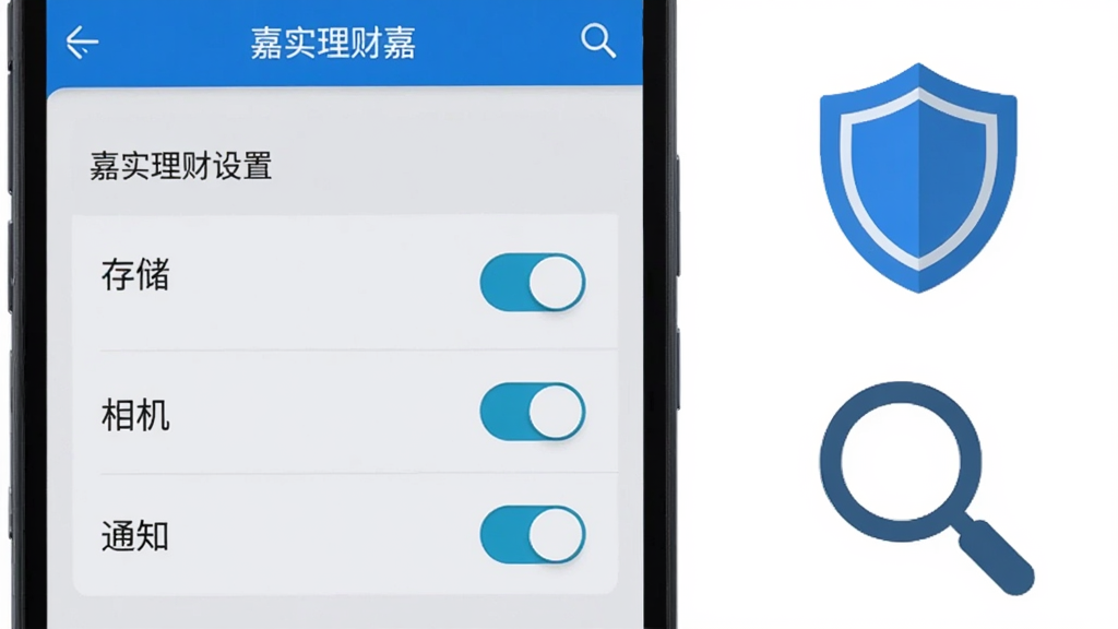 画面为一部安卓手机的特写,屏幕中显示“嘉实理财嘉”应用的权限设置页面,包含存储、相机、通知等开关选项;手机旁边放置一个盾牌图标与一个放大镜图标,象征安全与检查;布局为手机居中偏左,图标位于右侧;排版清晰,重点突出权限开关;风格为扁平化安全主题,色调以蓝色、白色、浅灰为主;细节上开关按钮有明确的开与关状态,文字清晰;画质高清,背景干净,无多余元素。