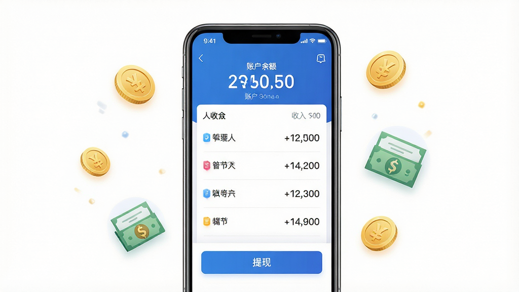 一张展示抖送骑士版收入结算界面的AI生成图片。画面主体是手机屏幕显示收入明细列表和提现按钮,屏幕上方有账户余额数字。布局为手机居中,周围有金币和账单图标漂浮。风格为清新商务风,细节上突出数字的清晰度和界面的整洁。画质高清,画面干净,无多余元素,背景为白色。