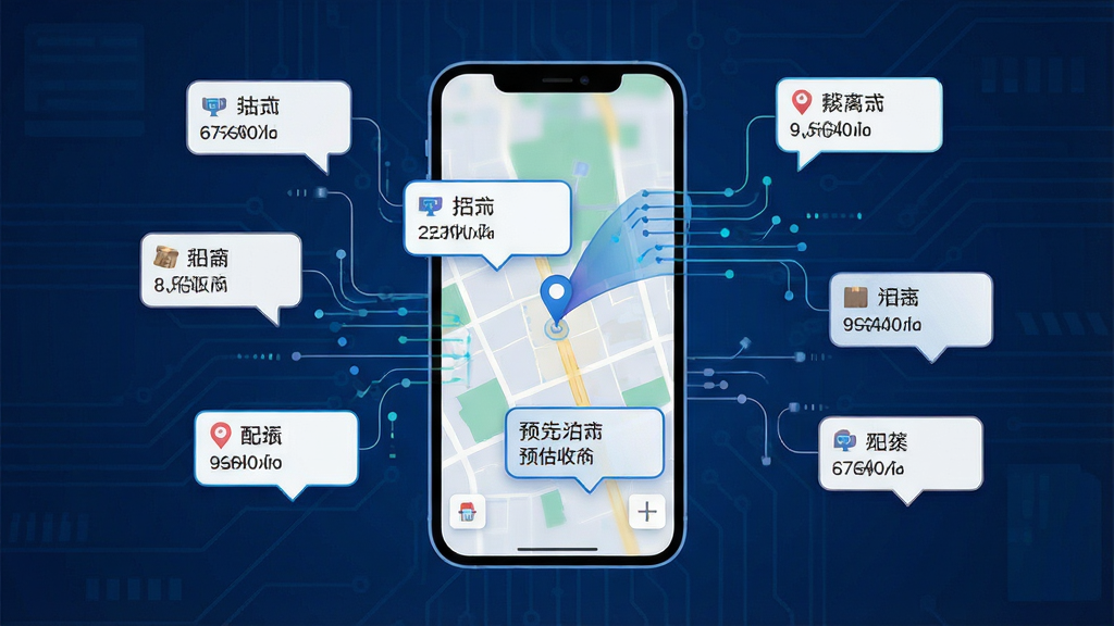 一张展示抖送骑士版智能派单功能的AI生成图片。画面主体是一个手机屏幕,屏幕上显示着地图和多个订单气泡,气泡上标注着配送距离和预估收入。布局为手机置于画面中央,周围有代表数据流的线条连接各个订单。风格为科技感扁平插画,细节上突出智能匹配的视觉效果。画质高清,画面干净,无多余元素,背景为深蓝色科技纹理。