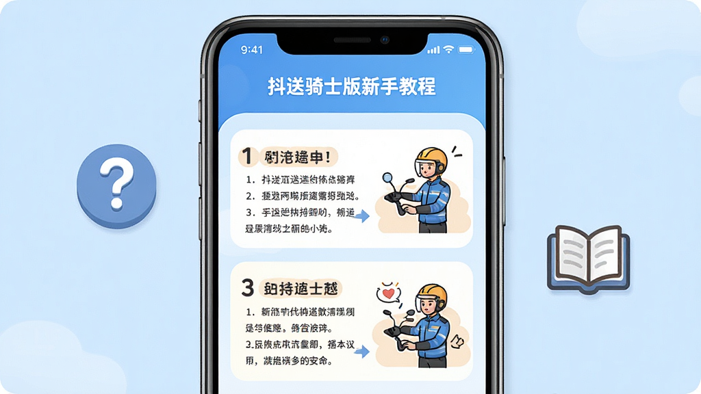 一张展示抖送骑士版新手教程页面的AI生成图片。画面主体是手机屏幕显示图文教程,页面上有步骤指示和插画说明。布局为手机居中,旁边有问号图标和书本图标点缀。风格为友好教学风,细节上突出教程的清晰易懂。画质高清,画面干净,无多余元素,背景为浅蓝色。