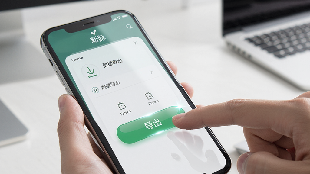 手机屏幕显示“新脉”应用的数据导出界面,旁边有一只手正在点击“导出”按钮,背景是简洁的办公桌面,风格为写实UI展示,细节包括按钮的高光效果和屏幕反射,画质清晰,干净无多余元素