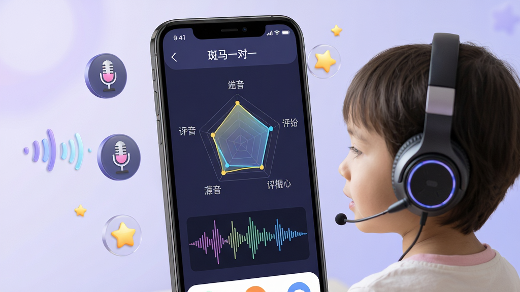 画面展示“斑马一对一”APP的AI语音评测界面,手机屏幕中央显示发音评分雷达图和波形对比图,周围点缀着麦克风、声波和星星图标,一位小朋友戴着耳机对着手机认真跟读,背景为柔和的淡紫色渐变,整体风格科技感十足又不失童趣,构图层次分明,排版整洁,细节精致,画质高清,干净无多余元素