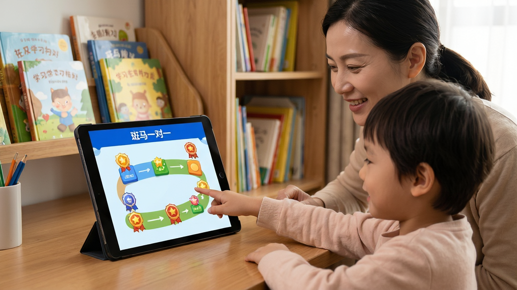 一位家长和孩子一起坐在书桌前,平板电脑上显示“斑马一对一”的学习路径图,路径上分布着不同难度的关卡和奖励徽章,孩子手指着屏幕上的下一个目标,家长微笑点头,背景为温馨的家居书房,书架上摆放着各类儿童读物,整体风格温馨和谐,构图平衡,排版自然,细节丰富,画质清晰,干净无多余元素