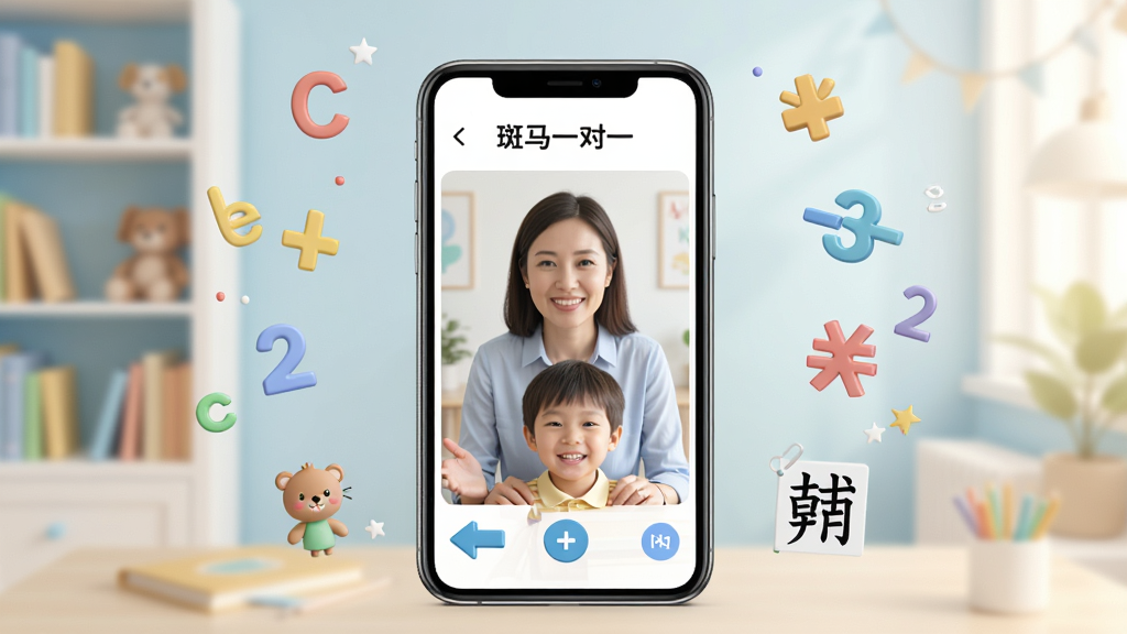 画面中央展示一部智能手机,手机屏幕上显示“斑马一对一”在线课堂界面,一位外教老师正在与小朋友视频互动,屏幕周围环绕英语字母、数学图形和语文汉字等学习元素,背景为温馨的浅蓝色书房环境,整体风格清新明快,构图居中对称,排版简洁大方,细节丰富,画质高清,干净无多余元素