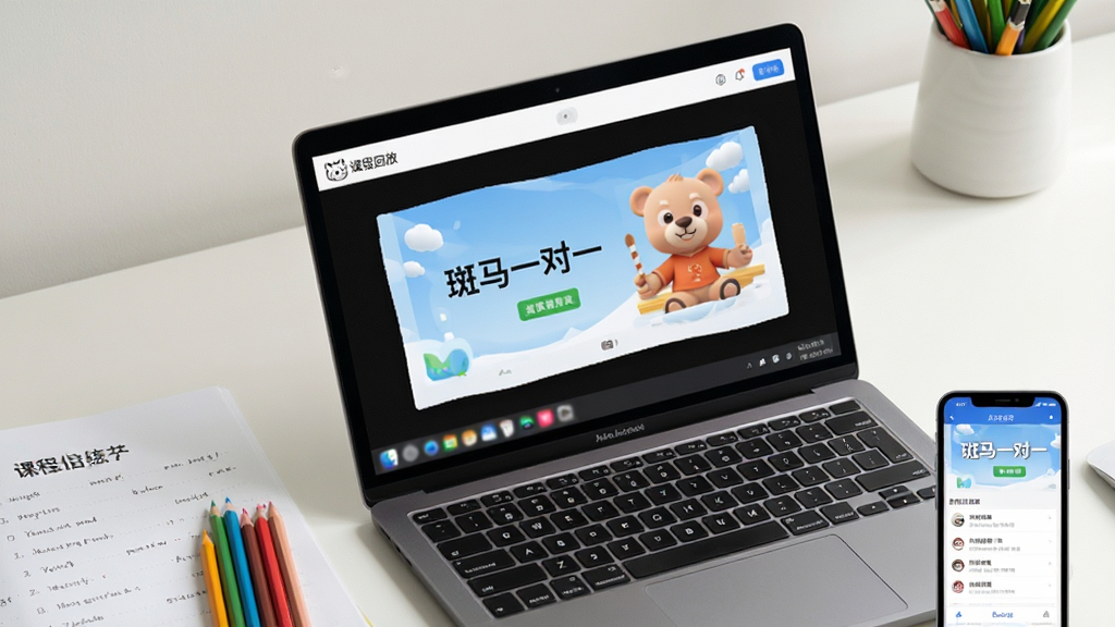 画面中央是一台打开的笔记本电脑,屏幕上显示“斑马一对一”的课程回放界面,旁边有练习册和彩色铅笔,画面一角展示手机端的课后练习页面,背景为整洁的书桌环境,光线柔和,整体风格简约实用,构图采用对角线布局,排版清晰有序,细节到位,画质高清,干净无多余元素