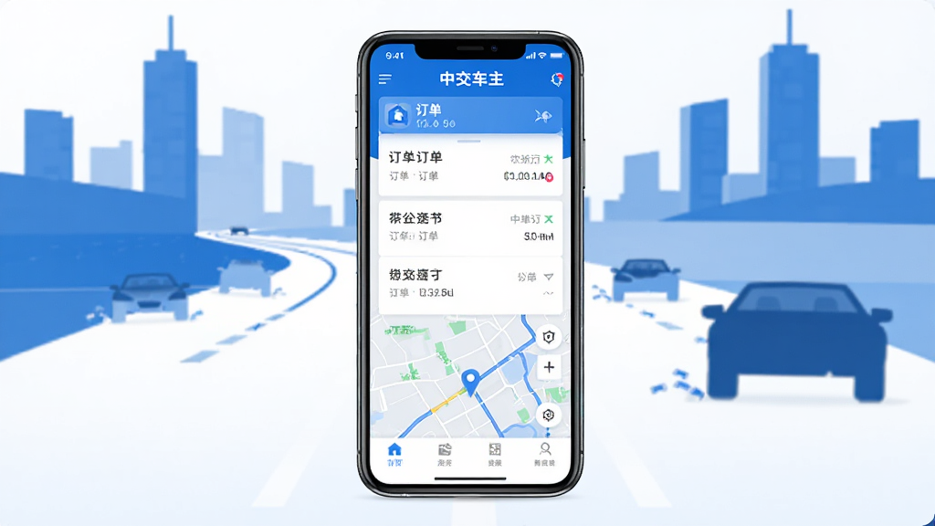中交车主软件主界面展示,画面中央放置一部智能手机,手机屏幕上显示中交车主APP的首页界面,包含订单列表和地图导航元素,背景为城市道路与车辆剪影,整体风格简洁现代,采用蓝色与白色为主色调,画面干净整洁,高清画质,无多余元素