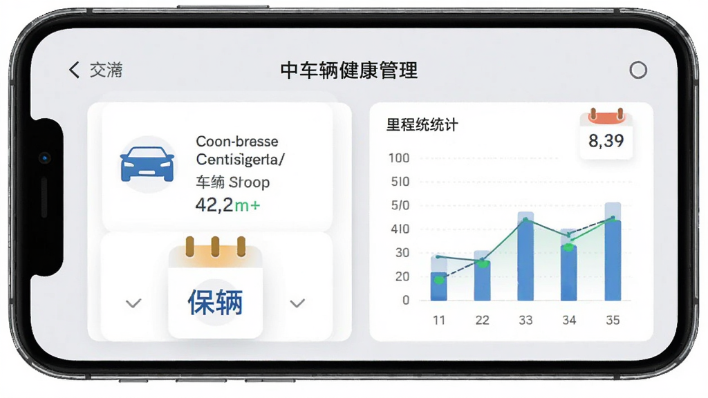 中交车主车辆健康管理界面,手机屏幕显示车辆保养提醒卡片和里程统计图表,有汽车图标和日历元素,背景为浅灰色,风格简约实用,排版整齐,画质高清无多余装饰