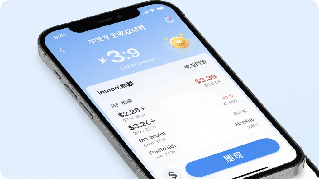 中交车主收益结算页面,手机屏幕显示账户余额数字和收益明细列表,有提现按钮和奖励图标,背景为淡蓝色渐变,风格商务简洁,布局规整,画质清晰干净