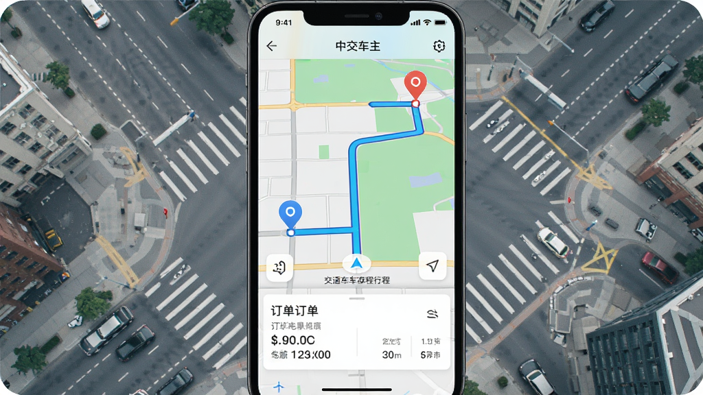 中交车主行程导航界面,手机屏幕显示地图导航路线,路线以蓝色高亮标注,起点和终点有定位图标,屏幕下方有订单信息卡片,背景为城市街道俯视图,风格写实简洁,色调清新自然,画质细腻无杂色