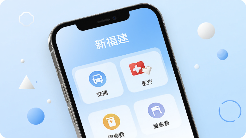 一部智能手机屏幕特写,显示“新福建”客户端的便民服务页面,包含交通、医疗、缴费等图标整齐排列,背景为柔和渐变蓝色,手机周围有简约的几何图形点缀,风格清新简约,画质干净,无多余元素