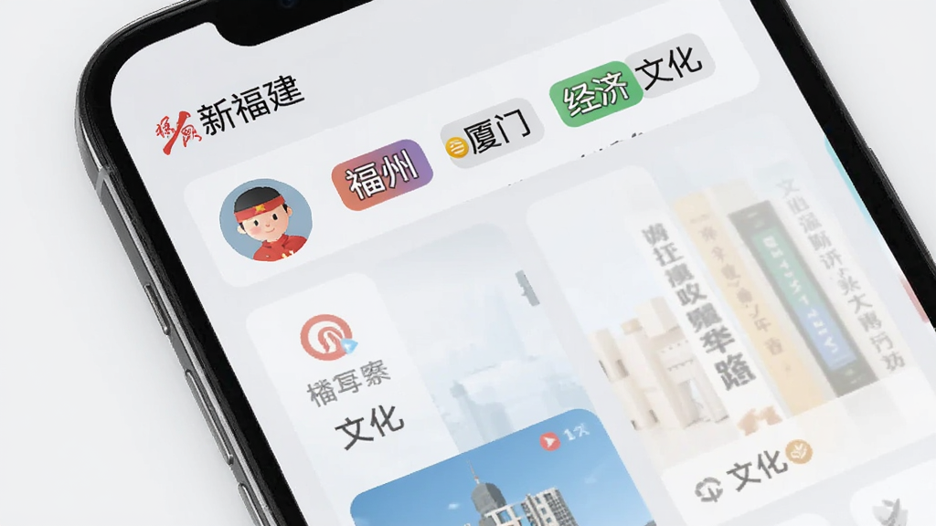 手机屏幕显示“新福建”客户端的个性化订阅界面,用户头像旁有多个频道标签,如“福州”“厦门”“经济”“文化”等,界面采用卡片式布局,背景为浅灰色,风格现代简洁,画质清晰,干净无多余元素