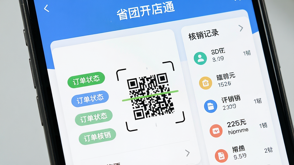 省团开店通订单核销界面特写,画面中央为扫码核销区域,周围环绕订单状态标签与核销记录列表,屏幕上方显示“省团开店通”文字标识,整体配色清爽,采用卡片式布局,细节包含图标与数字信息,画质清晰,干净整洁