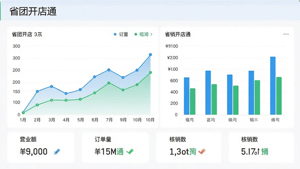 省团开店通数据看板界面,屏幕中显示折线图与柱状图组合的数据统计页面,图表下方列有营业额、订单量、核销数等数字指标,顶部标注“省团开店通”名称,背景为白色,图表颜色使用蓝绿搭配,风格简洁商务,画质清晰,无杂乱元素