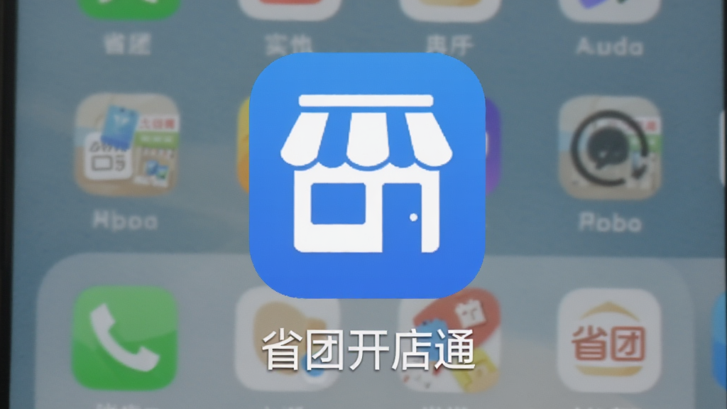 省团开店通安卓手机安装完成后的应用图标与打开界面,图标为蓝底白色店铺造型,屏幕背景为手机桌面,图标下方显示“省团开店通”应用名称,整体风格简洁,画质清晰,干净无多余元素