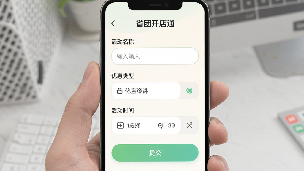 省团开店通营销活动创建页面,手机屏幕中展示活动名称输入框、优惠类型选项、活动时间选择器与提交按钮,界面顶部有“省团开店通”文字,整体采用浅色背景与圆角按钮,布局清晰,风格现代,画质干净,无多余元素