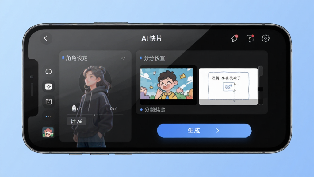 快出片软件主界面展示,主体为一部智能手机屏幕,屏幕内显示AI漫剧创作界面,包含角色设定、分镜预览和生成按钮,布局简洁清晰,排版采用居中展示,风格为现代科技感UI设计,细节上屏幕有轻微反光,背景为柔和渐变蓝色,画质高清干净,无多余元素