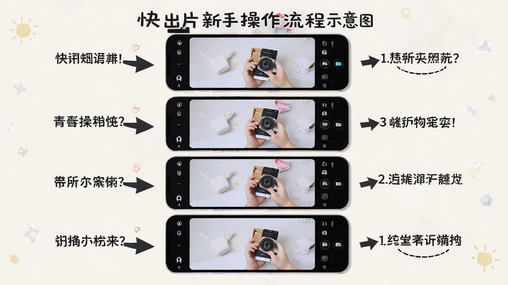 快出片新手操作流程示意图,主体为手机屏幕分步截图,布局为从上到下四个步骤展示,排版清晰,风格为教程图解风,细节上每步带有箭头指示和文字标注,背景为浅色,画质高清干净,无多余元素