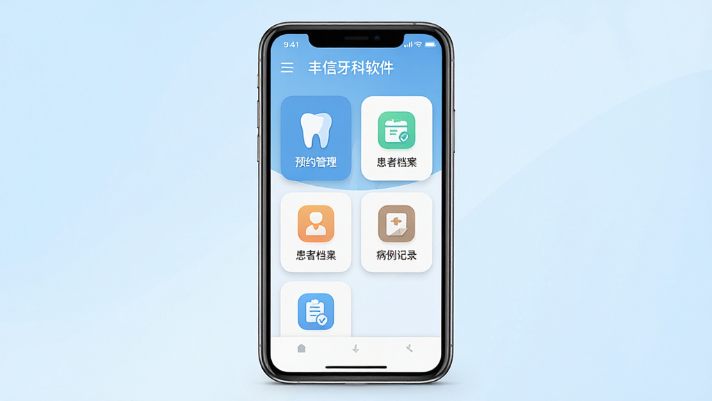 一张展示丰信牙科软件主界面的手机应用截图风格图片,画面中央是一部竖屏智能手机,屏幕内显示丰信牙科的首页界面,包含预约管理、患者档案、病例记录等模块图标,背景为干净浅蓝色渐变,整体布局简洁清晰,风格为现代扁平化UI设计,细节包括圆角图标和柔和阴影,画质高清干净无多余元素