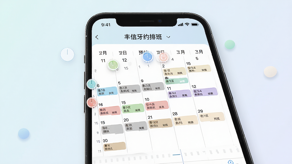 一张展示丰信牙科预约排班功能的界面截图风格图片,画面为手机屏幕内显示日历式排班表与预约时间轴,包含不同颜色的时间段标记和患者姓名,背景为浅色渐变,布局为上下分区的日历视图,风格为现代医疗管理软件界面,细节有圆形时间标记和柔和配色,画质高清干净无多余元素