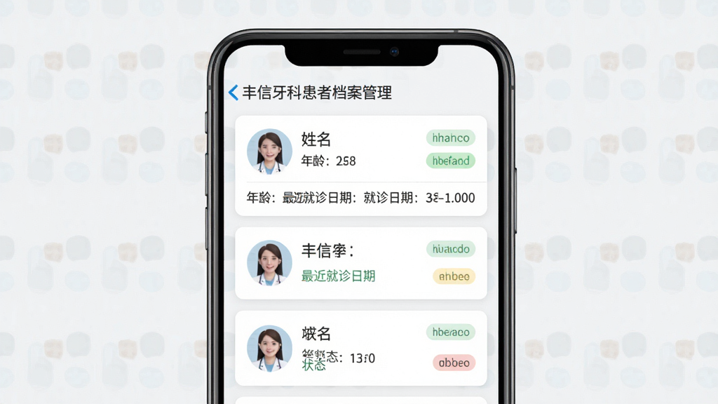 一张展示丰信牙科患者档案管理功能的界面示意图,画面主体为手机屏幕内显示患者信息卡片列表,包含姓名、年龄、最近就诊日期等字段,背景为白色与浅灰色搭配,布局为纵向列表排版,风格为医疗行业常见的清爽商务风,细节有圆形头像和状态标签,画质高清干净无多余元素