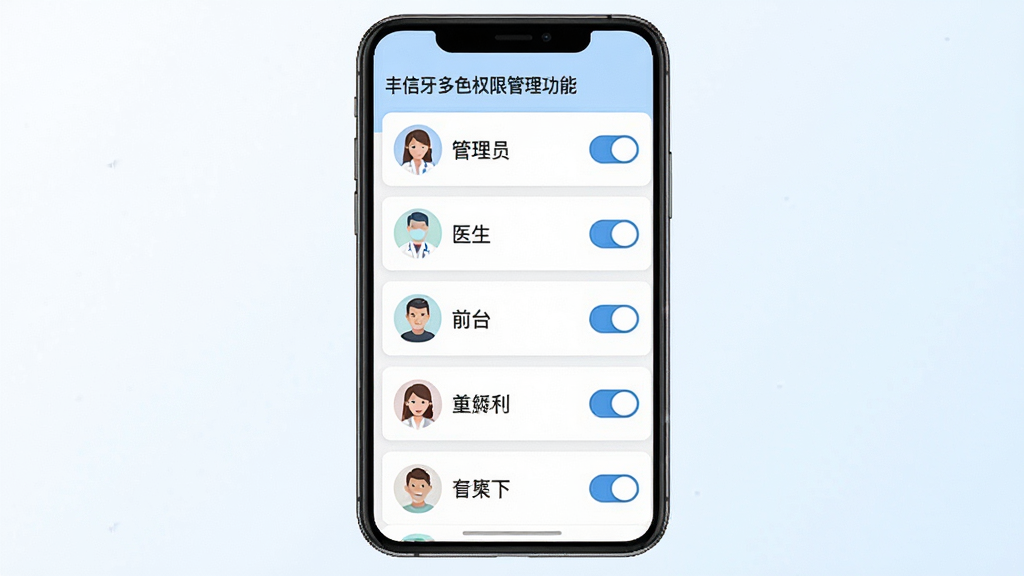 一张展示丰信牙科多角色权限管理功能的界面示意图,画面为手机屏幕内显示角色列表与权限开关选项,包含管理员、医生、前台等角色图标,背景为白色与淡蓝色搭配,布局为纵向列表排版,风格为简洁的企业级管理界面,细节有开关按钮和角色头像,画质高清干净无多余元素