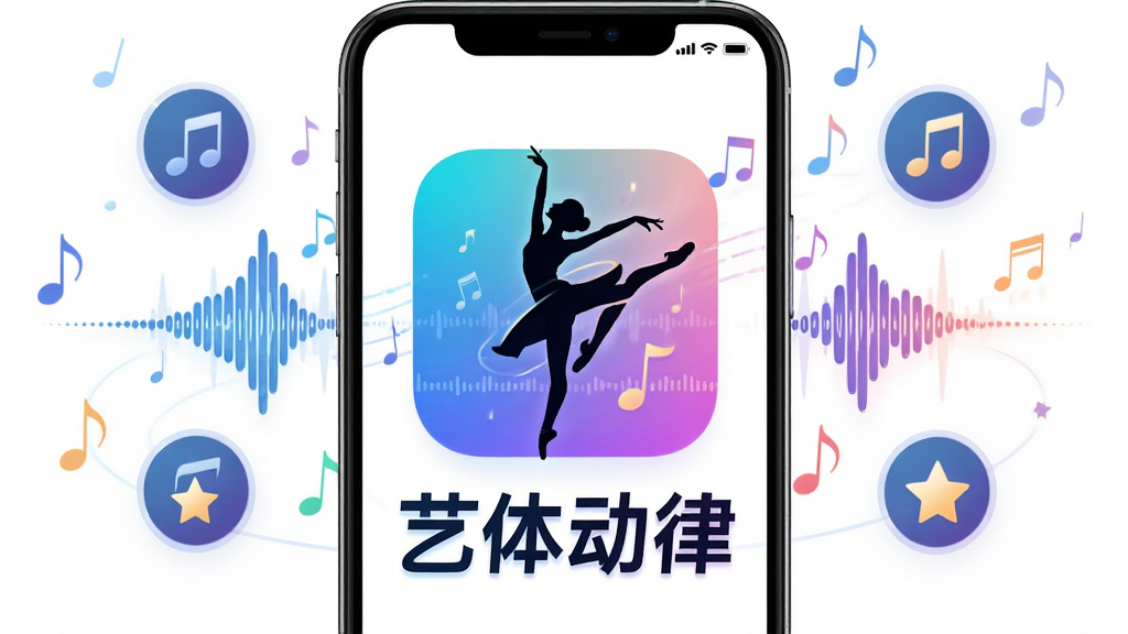 艺体动律软件主界面展示,画面中央是舞蹈人物剪影与节奏波形图,周围环绕音乐符号与评分星级图标,主体突出艺体动律APP图标和