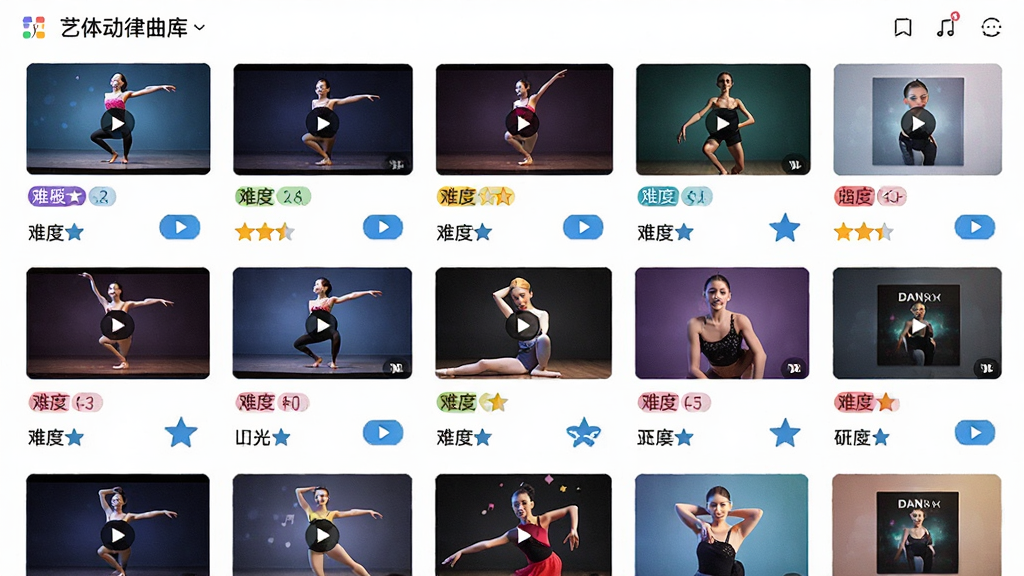 艺体动律曲库界面展示,画面中排列着多个舞蹈教学视频封面和音乐专辑图标,主体为丰富的曲库列表,布局采用网格排列,风格清新明快,细节包括舞种标签、难度星级、播放按钮,画质高清,干净无多余元素