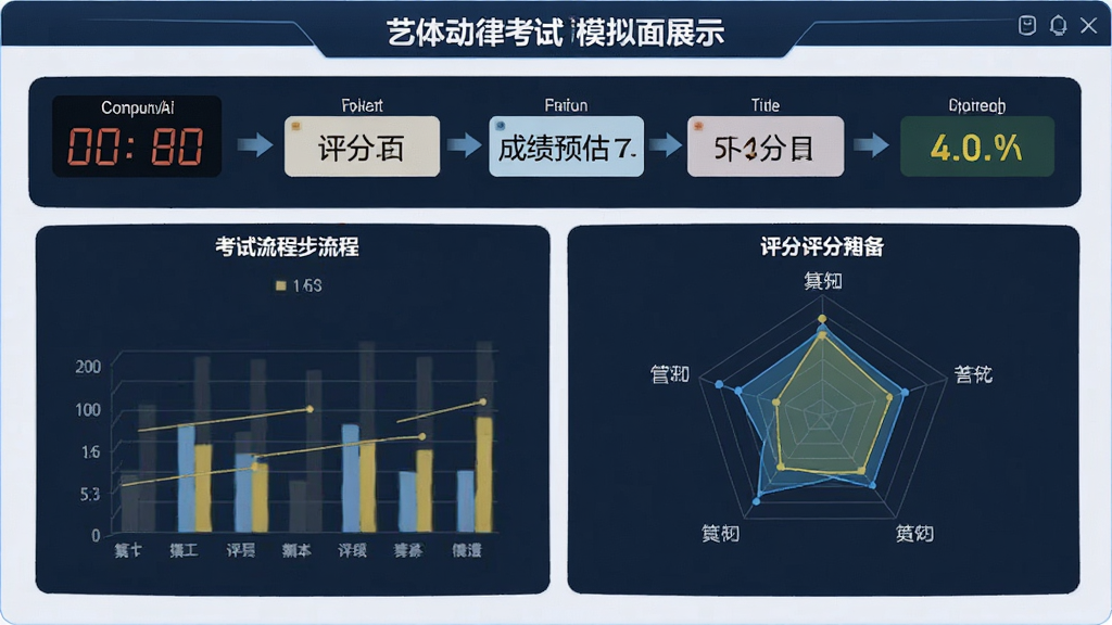 艺体动律考试模拟界面展示,画面中显示考试流程步骤与评分雷达图,主体为模拟考试面板,布局上下结构上方流程下方图表,风格专业严谨,细节包括倒计时、评分项、成绩预估数字,画质高清,干净无多余元素