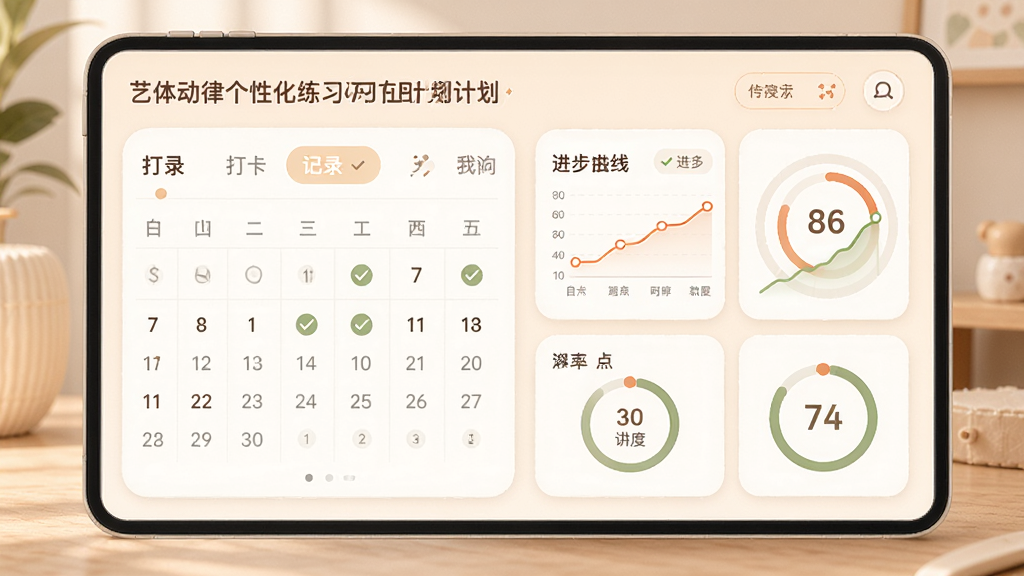 艺体动律个性化练习计划界面展示,画面中显示日历打卡记录与进步曲线图,主体为计划面板,布局采用卡片式排列,风格柔和温馨,细节包括打卡对勾、折线图、目标进度环,画质高清,干净无多余元素