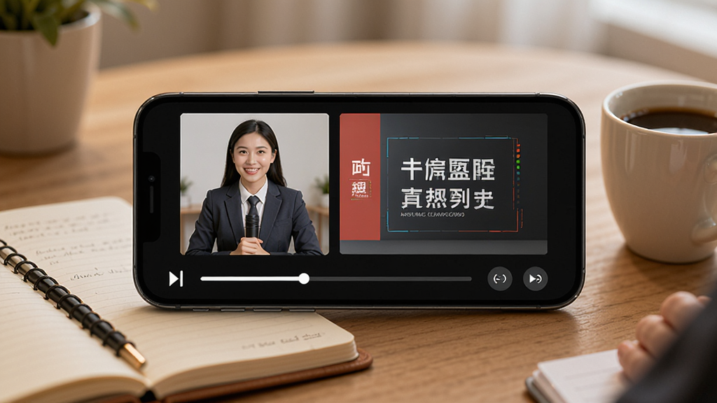 工检教育视频课程学习场景,手机横屏播放讲师授课画面,屏幕中有讲师头像和PPT课件同步展示,下方有进度条和倍速按钮,画面旁边有笔记本和咖啡杯,营造专注学习氛围,风格温馨专业,画质细腻,无多余元素