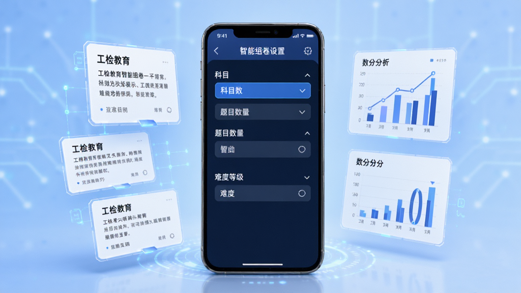 工检教育智能组卷功能展示,画面中央是一部手机,屏幕上显示智能组卷设置界面,有科目选择、题目数量、难度等级等选项,旁边漂浮着题目卡片和数据分析图表,背景是淡蓝色渐变,风格科技感十足,细节精致,画质清晰,无多余元素