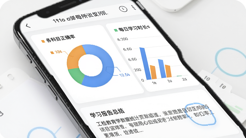 工检教育学习数据统计页面,手机屏幕中展示饼状图和柱状图,分别显示各科目正确率和每日学习时长,下方有学习报告总结文字,背景干净整洁,风格现代简约,画质高清,无多余元素