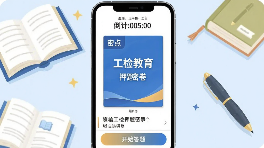 工检教育押题密卷页面展示,手机屏幕中显示密卷封面和题目列表,上方有倒计时提示,下方有开始答题按钮,背景有书本和笔的插画元素,风格简洁明快,画质清晰,无多余元素