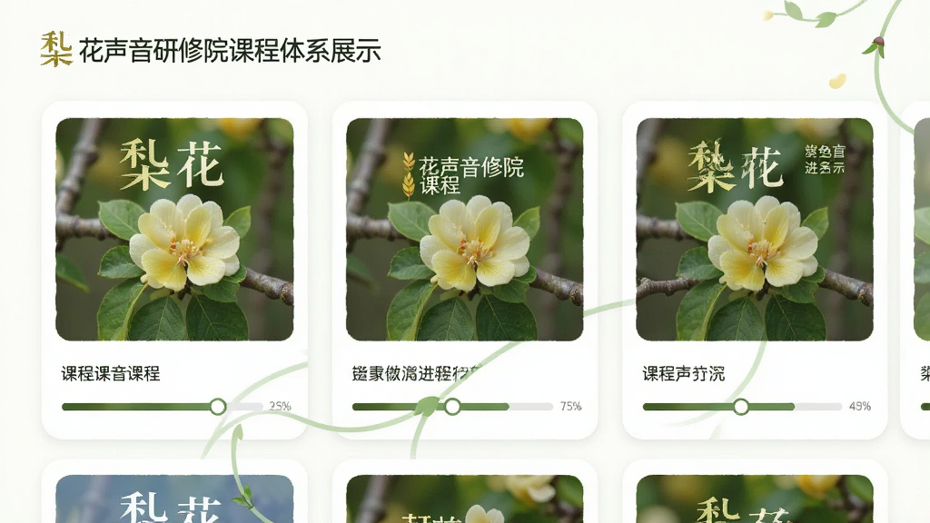 主体为梨花声音研修院课程体系展示界面,布局采用卡片式排列,排版为横向信息流,风格为清新教育风,细节包括多张课程封面与进度条,画质高清,干净,无多余元素
