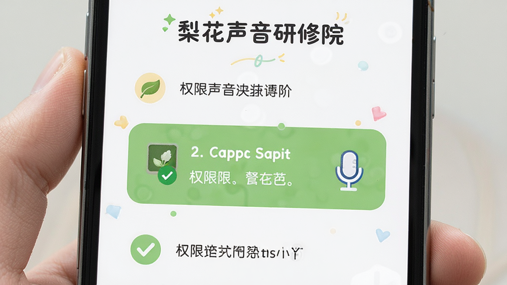 主体为梨花声音研修院新手引导页面,布局为手机屏幕特写,排版为步骤指示风格,风格为友好清新,细节包括权限开启提示与麦克风图标,画质高清,干净,无多余元素