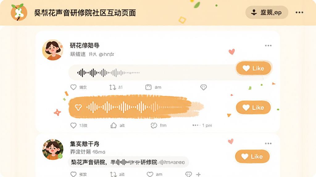 主体为梨花声音研修院社区互动页面,布局为信息流列表,排版为社交动态风格,风格为温暖活力,细节包括用户头像、语音条与点赞按钮,画质高清,干净,无多余元素