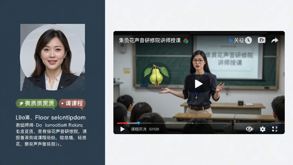 主体为梨花声音研修院讲师授课场景,布局为左右分栏,左侧老师头像与简介,右侧视频播放窗口,排版为在线课堂风格,风格为专业教育视觉,细节包括讲师资质标签与课程标题,画质高清,干净,无多余元素