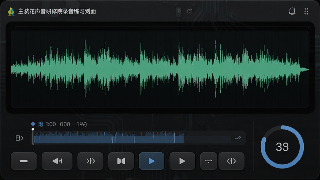 主体为梨花声音研修院录音练习界面,布局为上下结构,上方波形图,下方控制按钮,排版为工具面板风格,风格为深色科技感,细节包括录音时间轴与评分环,画质高清,干净,无多余元素